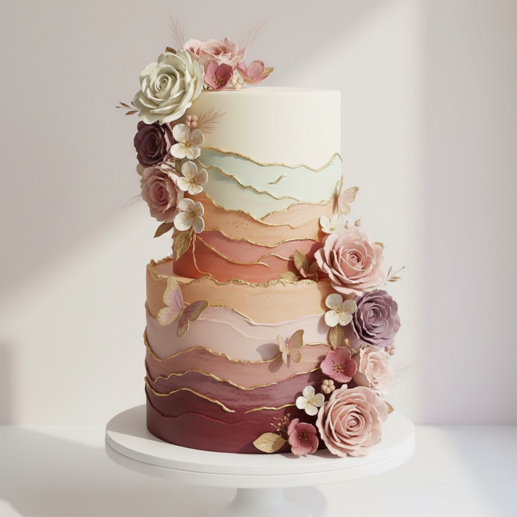 Ombré Romance — rose and mauve tiered cake with florals